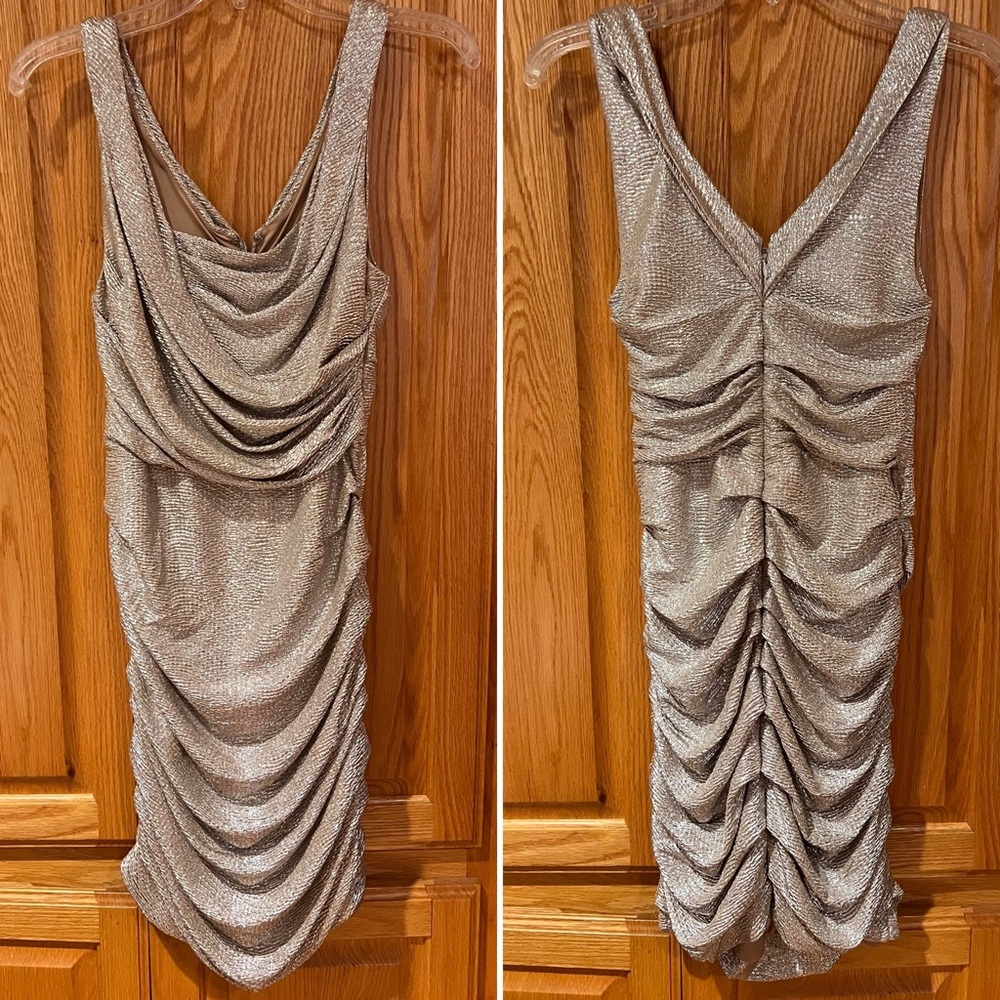 Express Draped Cowl Neck Ruched‎ Metallic Gold Foil Bodycon Mini Dress Size 6